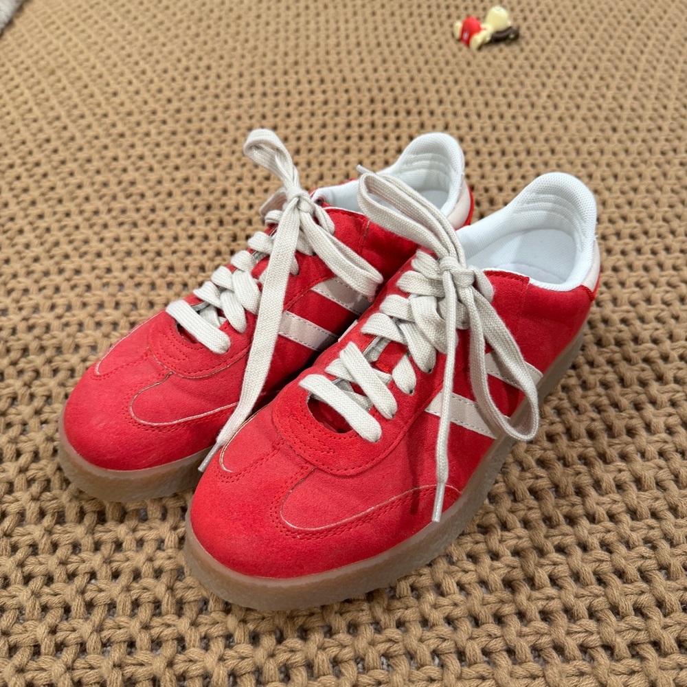 Red Suede Sneakers with White Accents